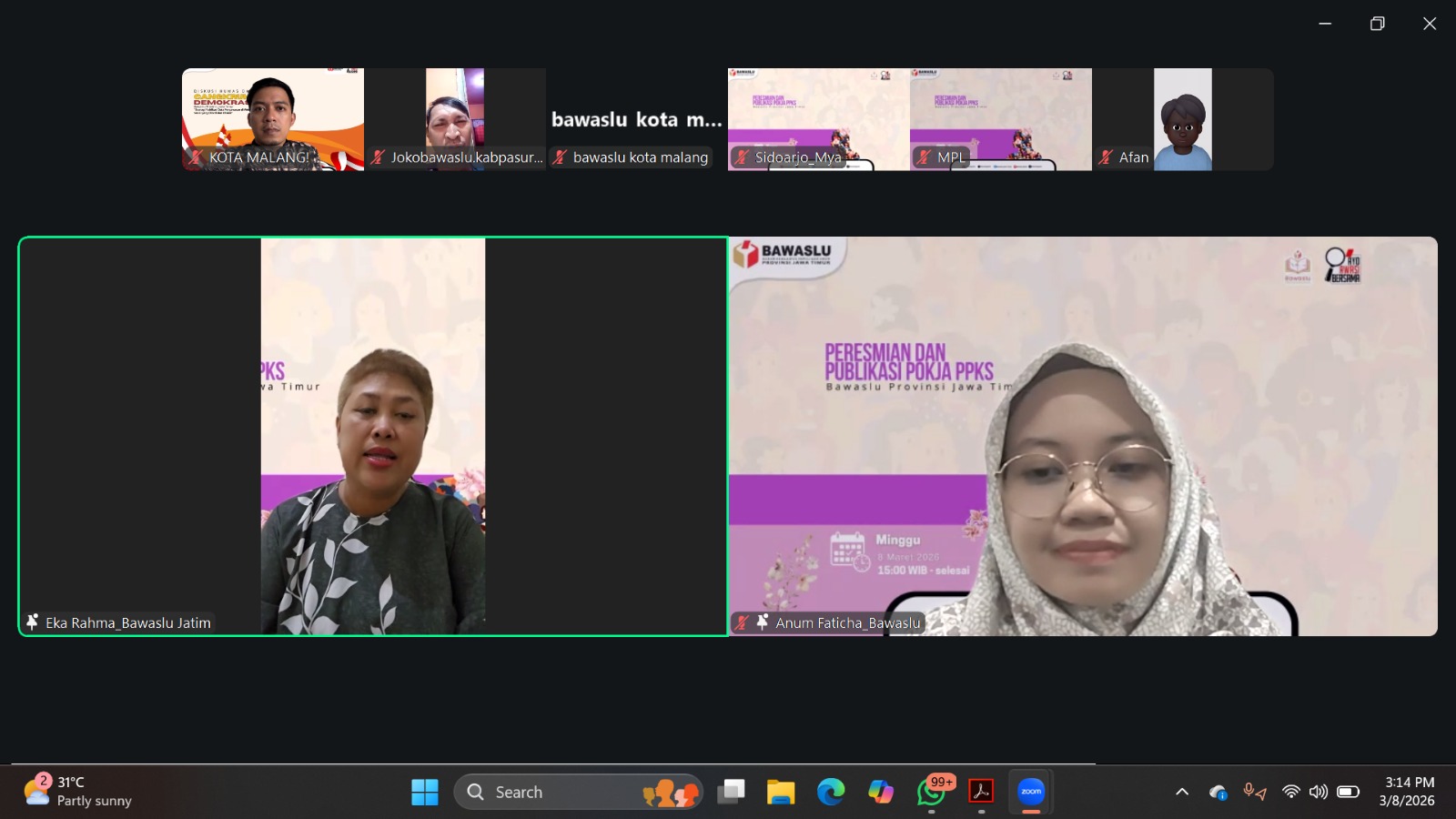 SAMBUTAN Anggota Bawaslu Provinsi Jawa Timur, Eka Rahma, menyampaikan sambutan dalam kegiatan peresmian dan publikasi Pokja Pencegahan dan Penanganan Kekerasan Seksual (PPKS) Bawaslu Provinsi Jawa Timur.