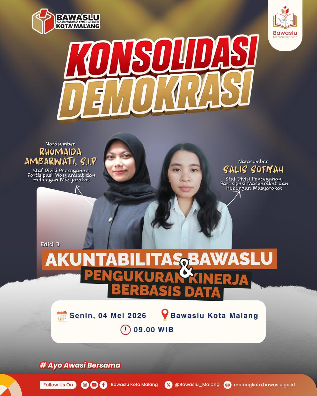 KONSOLIDASI Bawaslu Kota Malang kembali melaksanakan kegiatan Bawaslu Membelajarkan sebagai upaya penguatan kapasitas internal melalui pembahasan pengelolaan anggaran, akuntabilitas lembaga, dan pengukuran kinerja berbasis data dalam pengawasan Pemilu.