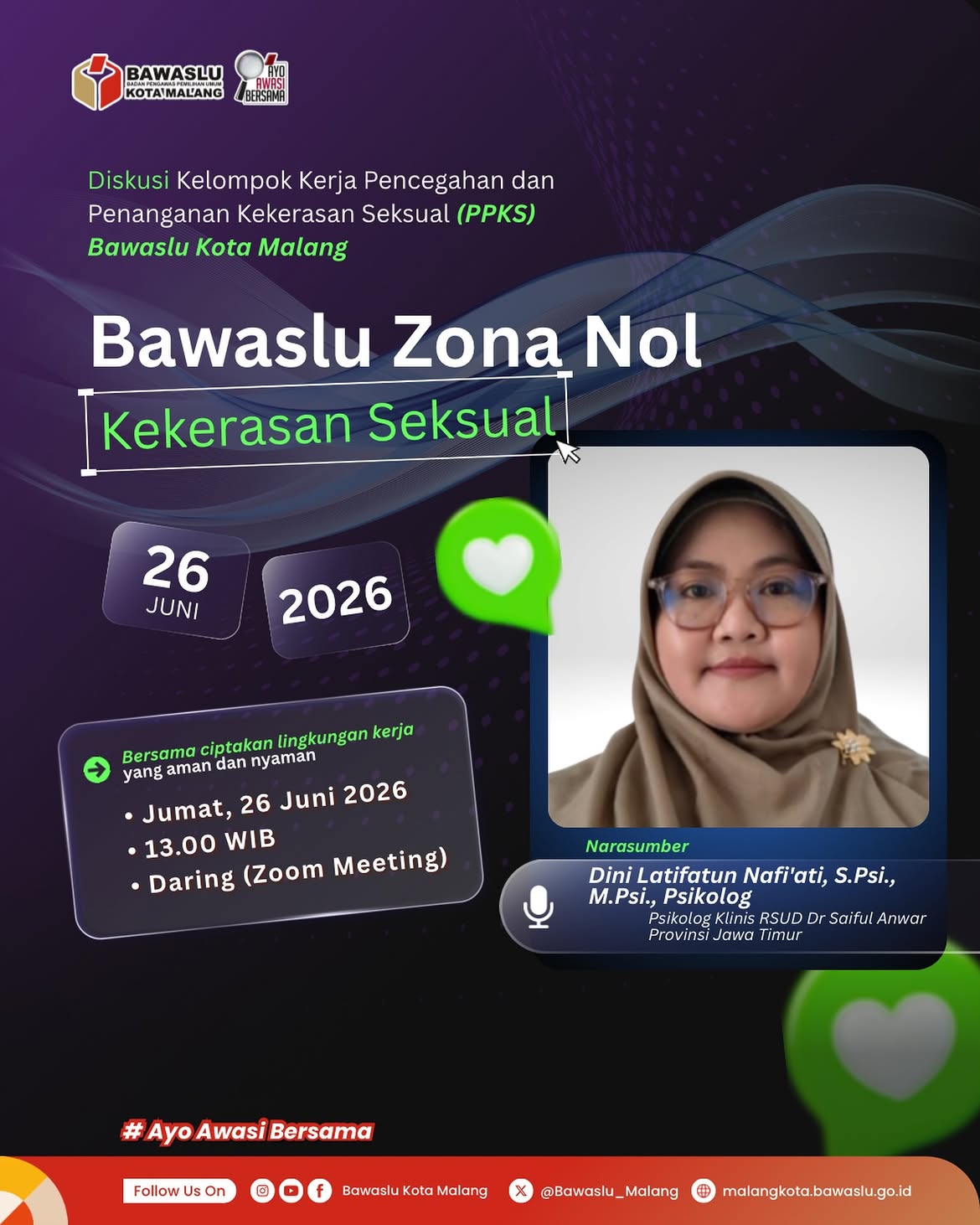 EDUKASI Bawaslu Kota Malang menggelar Diskusi Kelompok Kerja PPKS bertema “Bawaslu Zona Nol Kekerasan Seksual” sebagai upaya memperkuat lingkungan kerja yang aman dan bebas dari kekerasan seksual.
