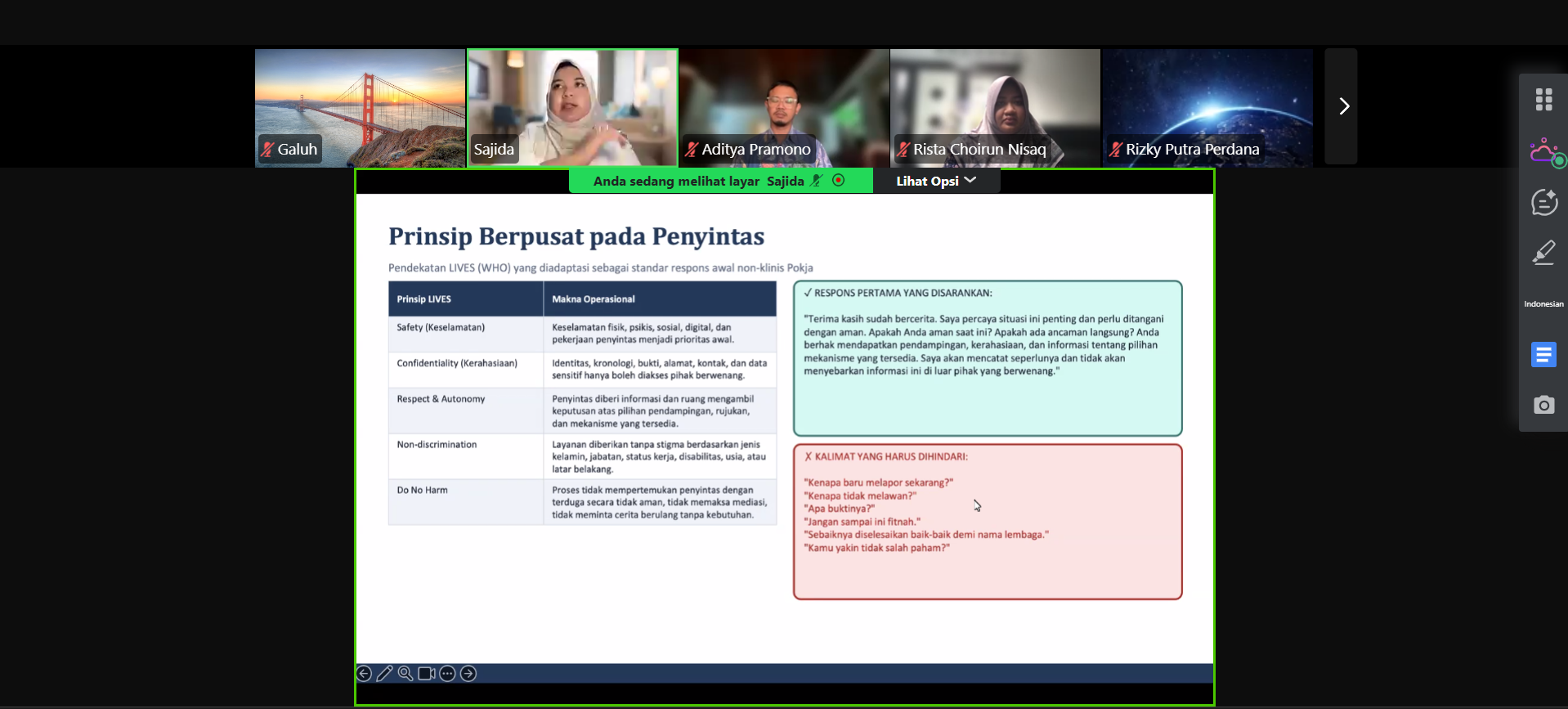 MATERI Narasumber memaparkan prinsip respons yang berpusat pada penyintas sebagai bagian dari penguatan kapasitas Pokja PPKS. Materi ini menekankan pentingnya memberikan perlindungan, menjaga kerahasiaan, serta membangun mekanisme penanganan yang aman dan berpihak pada penyintas di lingkungan kerja.
