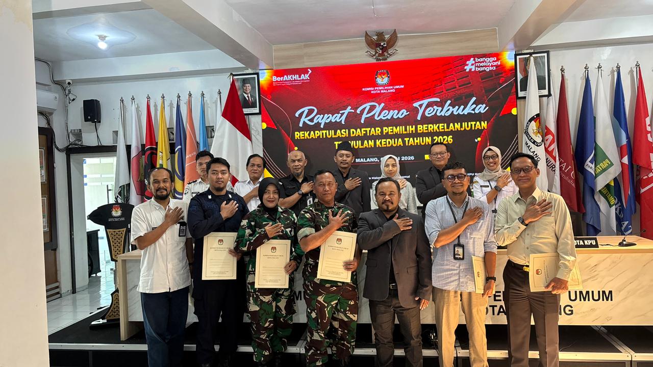 DOKUMENTASI Bawaslu Kota Malang menghadiri Rapat Pleno Terbuka Rekapitulasi Daftar Pemilih Berkelanjutan Triwulan II Tahun 2026 yang diselenggarakan KPU Kota Malang sebagai bentuk sinergi antarpenyelenggara pemilu dalam menjaga akurasi dan kualitas data pemilih secara berkelanjutan.