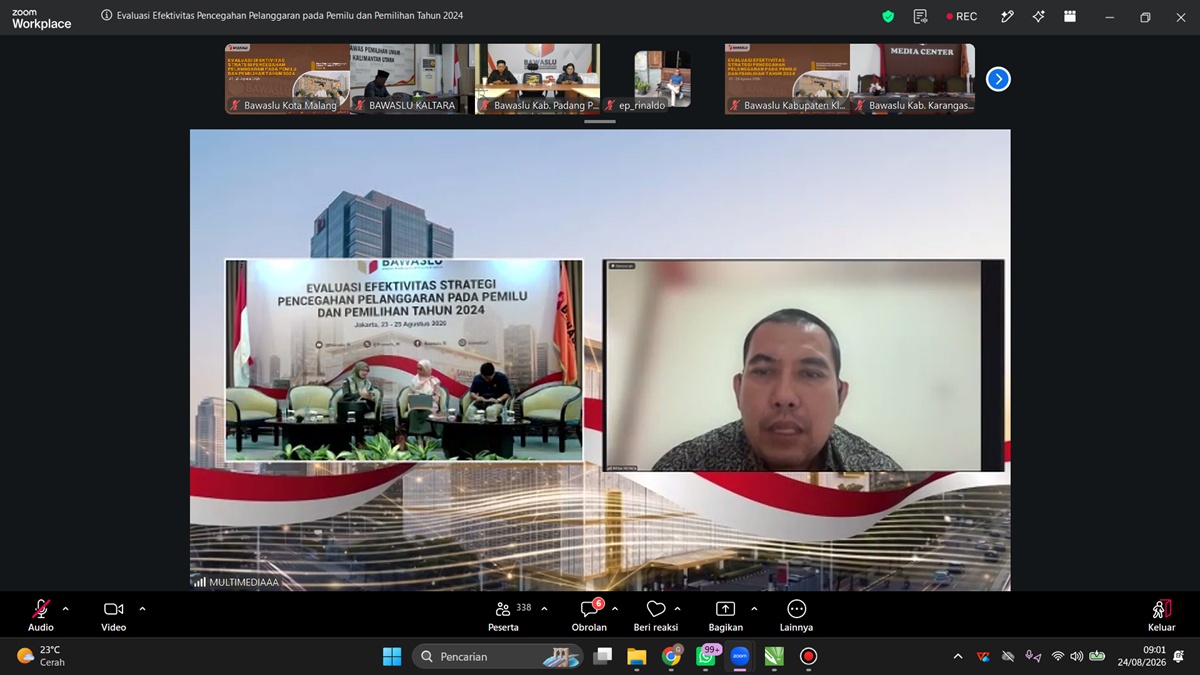 PARTISIPASI Bawaslu Kota Malang mengikuti kegiatan “Evaluasi Efektivitas Strategi Pencegahan Pelanggaran pada Pemilu dan Pemilihan Tahun 2024” secara daring melalui Zoom pada 24 Agustus 2026. Kegiatan ini menjadi forum evaluasi sekaligus penguatan strategi pencegahan pelanggaran menuju Pemilu 2029, dengan membahas efektivitas IKP, penguatan kelembagaan, pengawasan ruang digital, pengawasan partisipatif, serta koordinasi lintas lembaga.