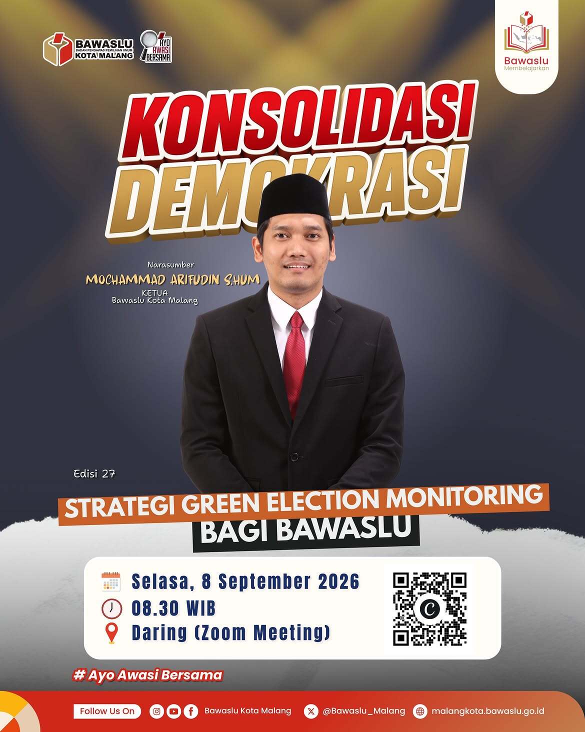 INOVASI Ketua Bawaslu Kota Malang, Mochamad Arifudin, S.Hum., menyampaikan materi “Strategi Green Election Monitoring bagi Bawaslu” dalam Bawaslu Membelajarkan Edisi 27, sebagai upaya mendorong pengawasan Pemilu yang mengintegrasikan integritas demokrasi dengan kepedulian terhadap lingkungan.