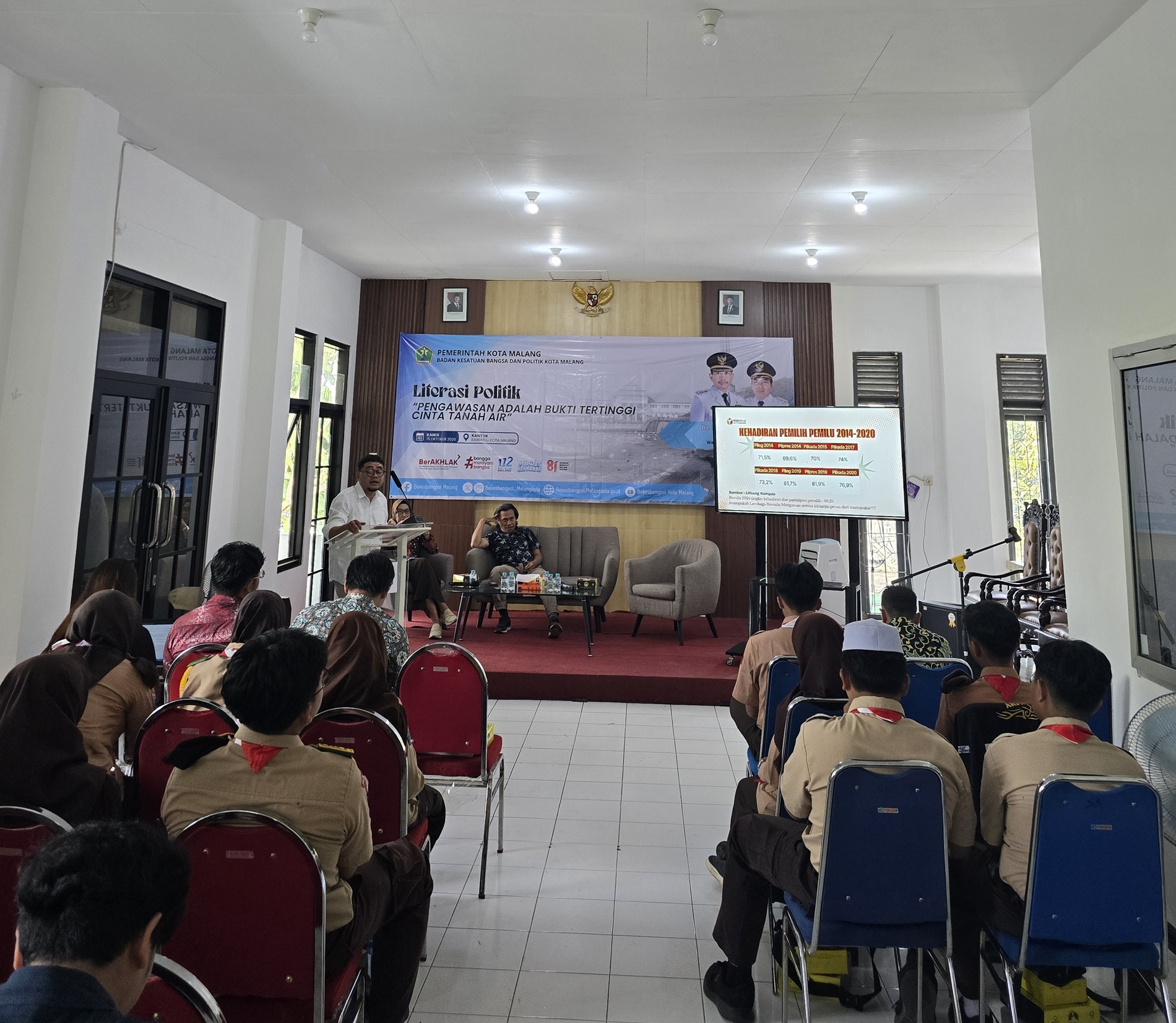 EDUKASI Suasana kegiatan Literasi Politik Bakesbangpol Kota Malang bertema “Pengawasan Adalah Bukti Tertinggi Cinta Tanah Air” di Kantor Bawaslu Kota Malang, Kamis (15/10/2026). Kegiatan ini membahas pentingnya pengawasan partisipatif dan keterlibatan masyarakat dalam menjaga integritas pemilu.