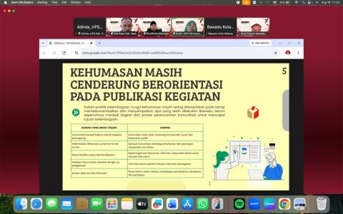 KEHUMASAN Bawaslu Kota Malang mengikuti Diskusi Hukum Selasa (DHS) Bawaslu Provinsi Jawa Timur Seri ke-11 bertema “Hubungan Masyarakat” secara daring, Selasa (18/8/2026), sebagai ruang penguatan perspektif kehumasan yang strategis, responsif, dan berorientasi pada pembangunan kepercayaan publik.